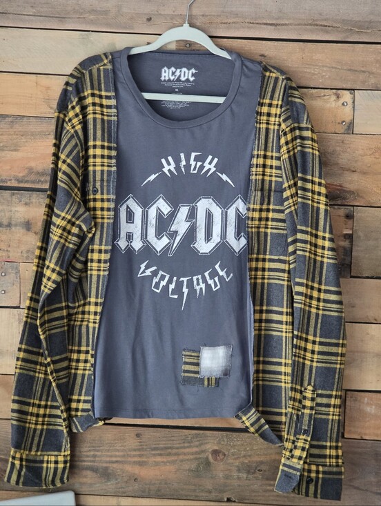 Trapos by Sonia Ruiz (upcycled) Tops - Upcycled AC/DC  High Voltage Grey Graphic Tee with Yellow Plaid Sleeves.
